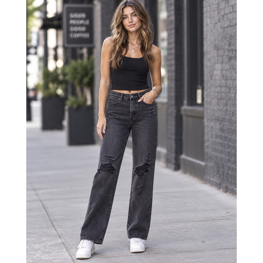 Judy Blue 90s Straight Leg Distressed Jeans Black Model Off Duty Size 5 30X32
